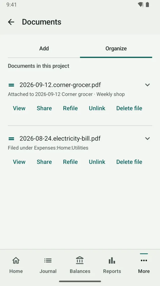 The Documents screen's Organize tab: two receipts, each with the account it is filed under and actions to view, share, refile, unlink or delete.