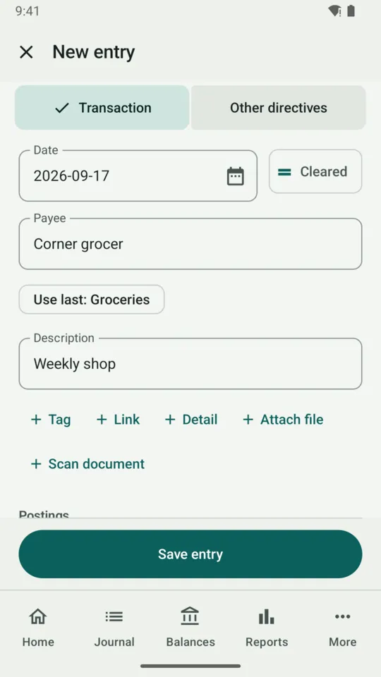 The New entry form, copied from a grocery transaction: date, payee, description, and the first posting's account.