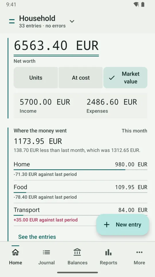 Beanbook's Home screen for the Household ledger: net worth, income and expenses, and this month's spending by category.