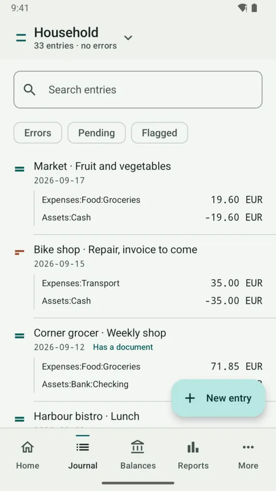 The Journal: recent transactions with their accounts and amounts, one flagged as pending and one with a linked receipt.