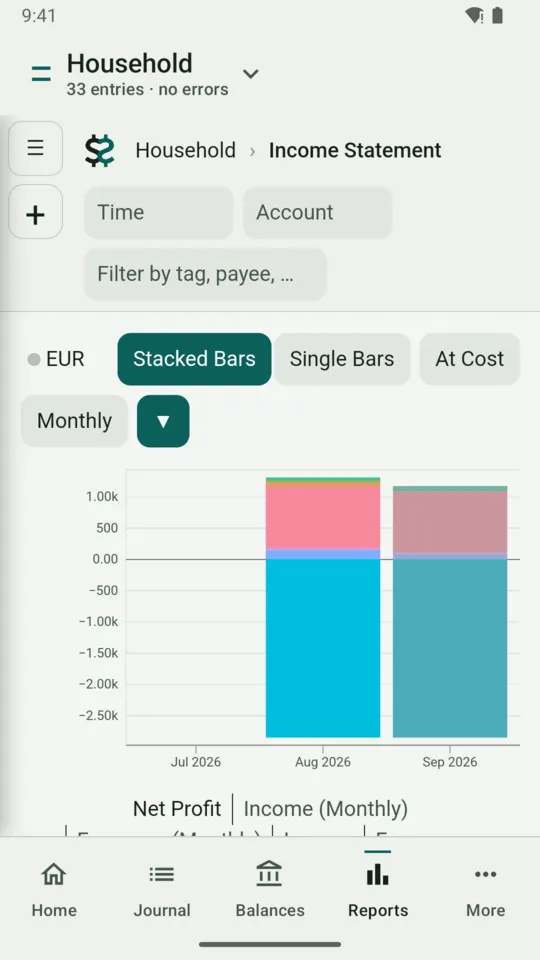 Fava's Income Statement inside the app: monthly income and expenses as stacked bars.